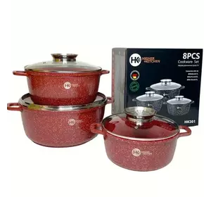 Набор кастрюль с гранитным антипригарным покрытием Higher Kitchen HK-301, набор посуды 6 предметов красный