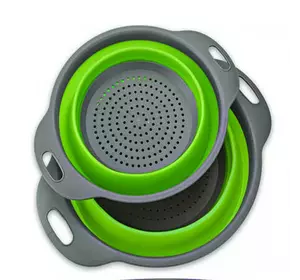 Дуршлаг силиконовый складной 2 шт в комплекте (большой + маленький) Collapsible filter baskets, зеленый